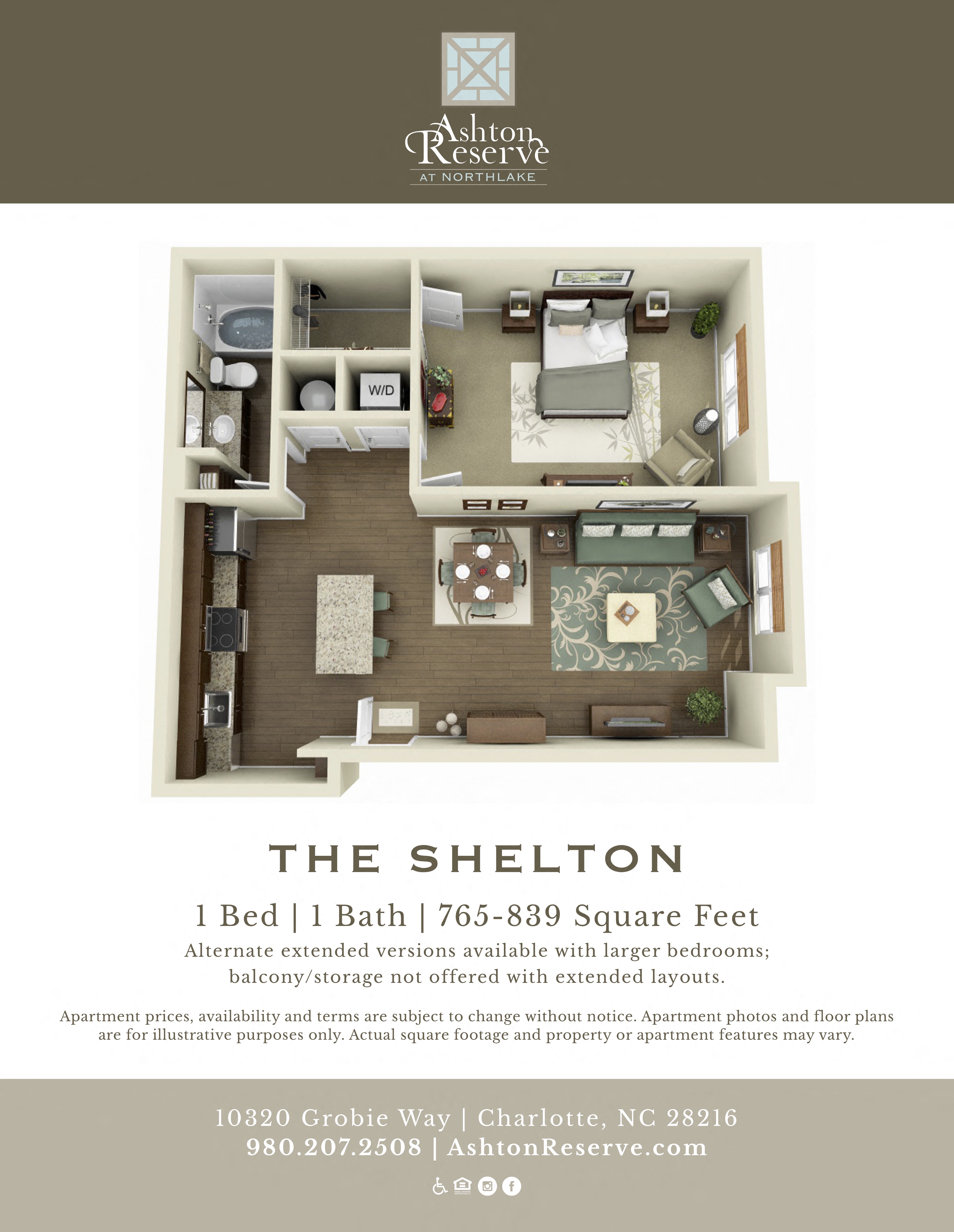 Floor plan for 1 bed, 1 bath, 839 sqft